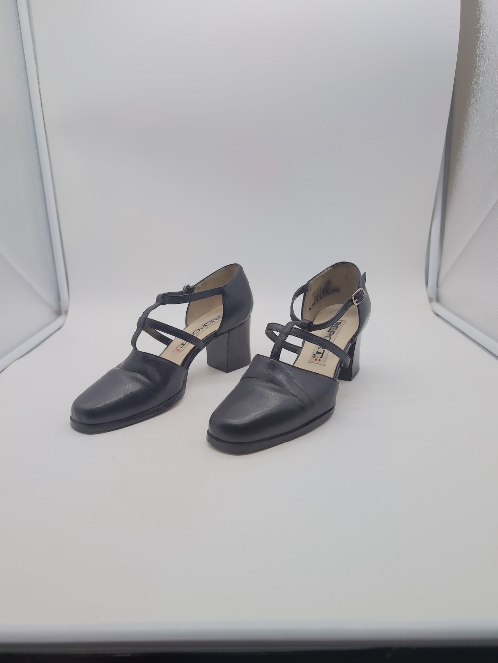 Report Bendel Sz 7.5 Classic Black Leather Dance Strappy Block Heel Pumps